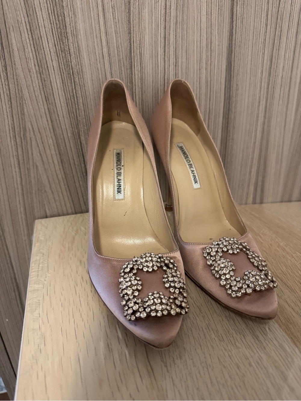 Manolo Blahnik Blush Satin Pumps with Crystal Buckles